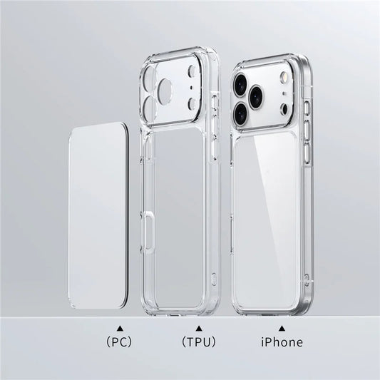 Clear phone case with PC, TPU, and iPhone labels on a gray background