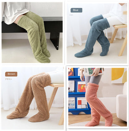 Four images showing different colored knee-high socks worn by people in various settings.