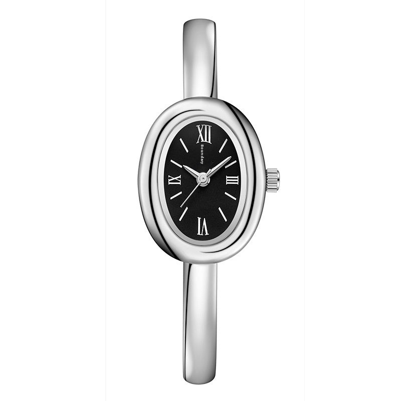 Silver and black women's watch with spiral pattern