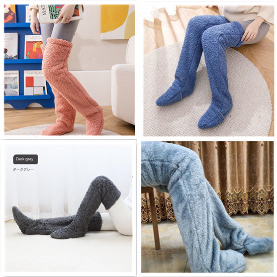 Four images of people wearing different colored fuzzy socks in various settings.