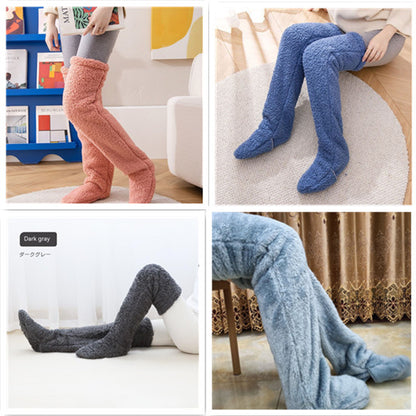 Four images of people wearing different colored fuzzy socks in various settings.