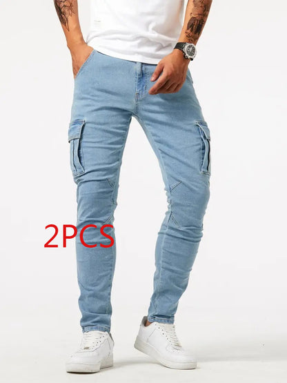 Light blue cargo pants worn by a person on a white background with '2PCS' text.