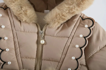 Warm pearl jacket for girls with plush collar