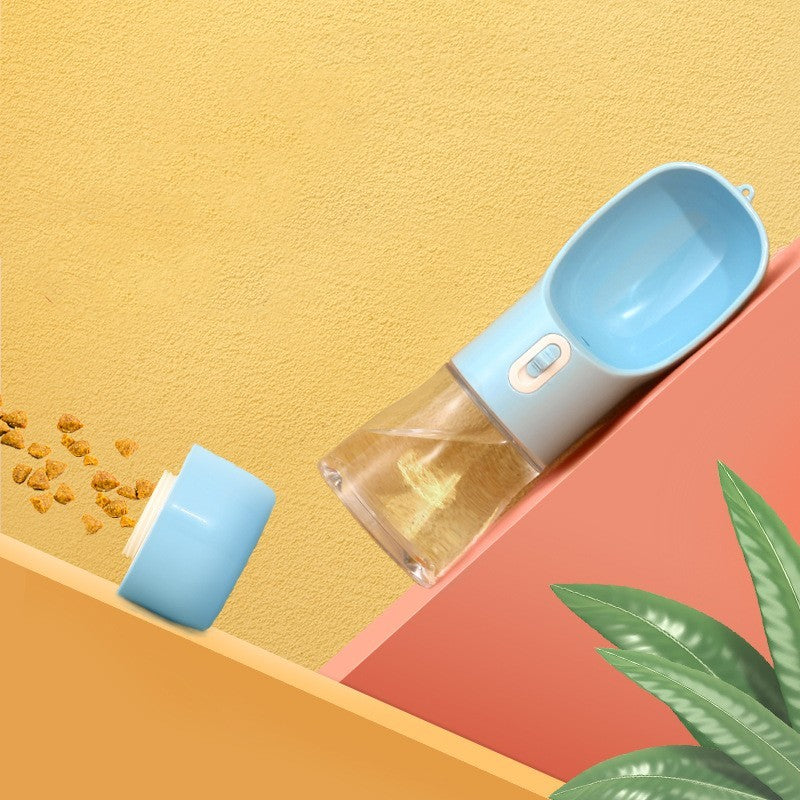 Pet water bottle and food container on a colorful background with a plant. for pets