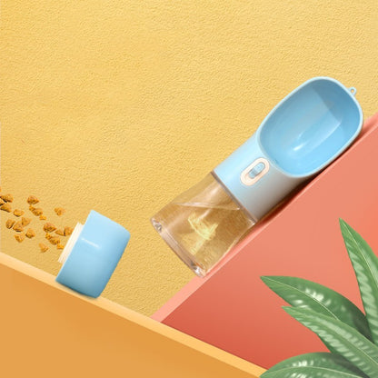 Pet water bottle and food container on a colorful background with a plant. for pets
