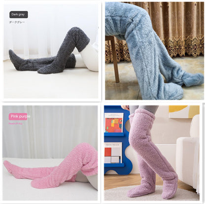 Collage of four images showing legs wearing different colored socks in various settings.