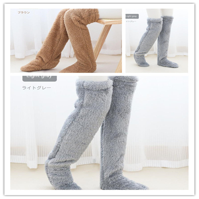 Two pairs of fuzzy knee-high socks in brown and light gray on a white background. medicated