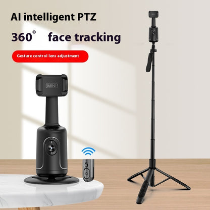 AI intelligent PTZ camera with tripod on a wooden surface motion tracking phone tripod