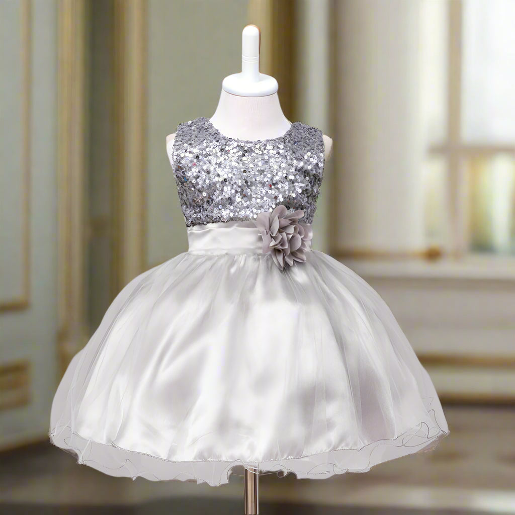 Silver sequin and white tulle dress on a mannequin - Gray Elegant Princess Dress for Children